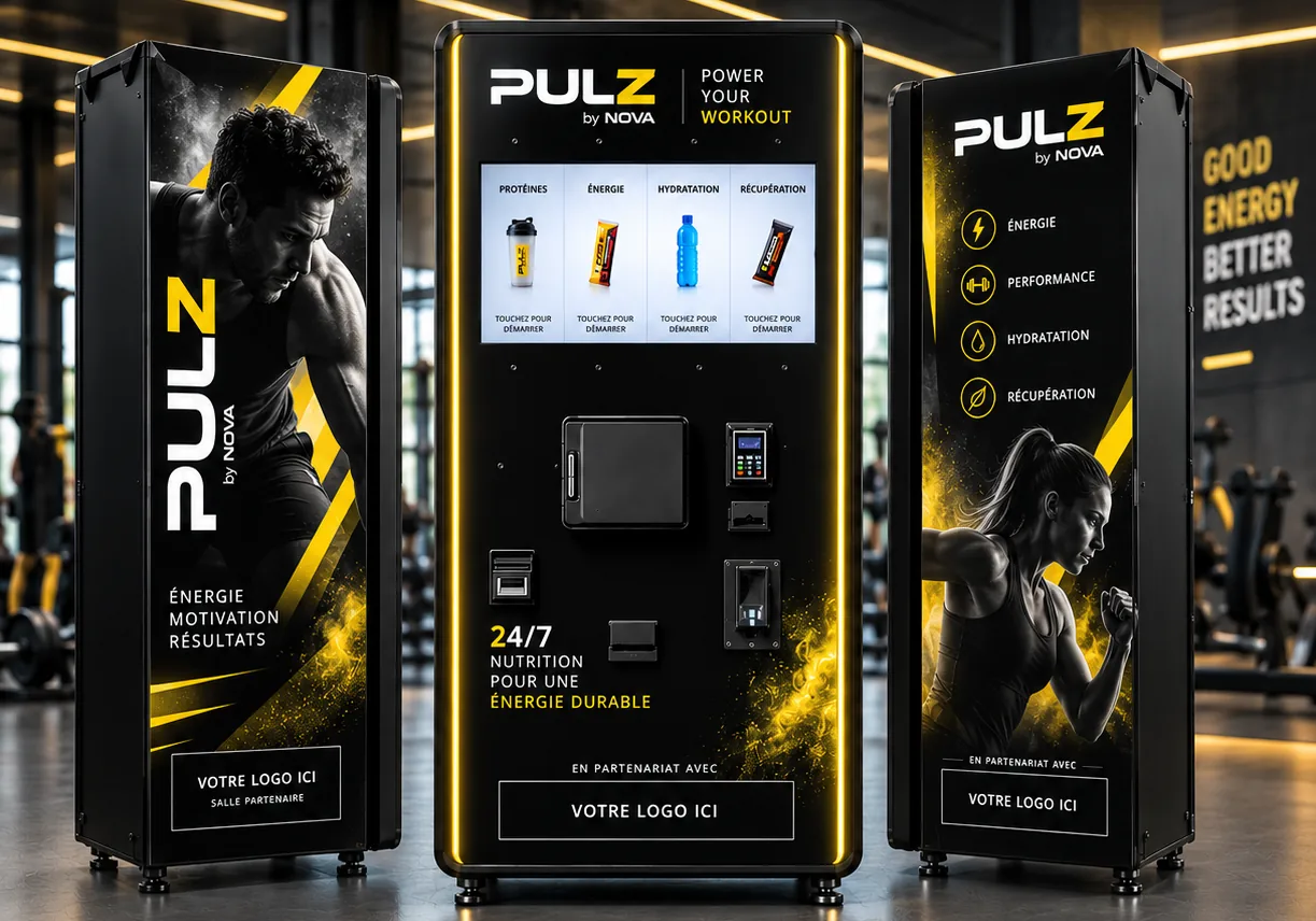 Station PULZ gamme Énergie, habillage noir et jaune, présentée de face et de côté dans une salle de sport.