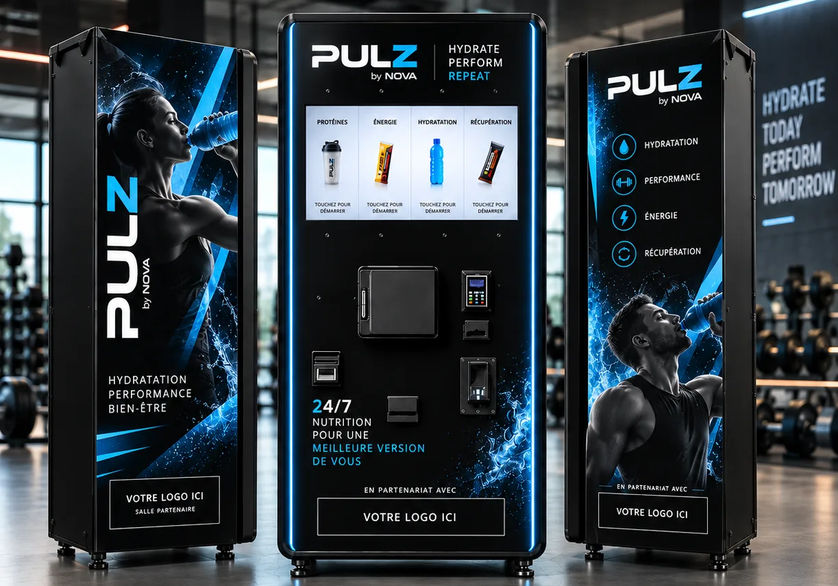 Station PULZ gamme Hydratation, habillage noir et bleu, présentée de face et de côté dans une salle de sport.