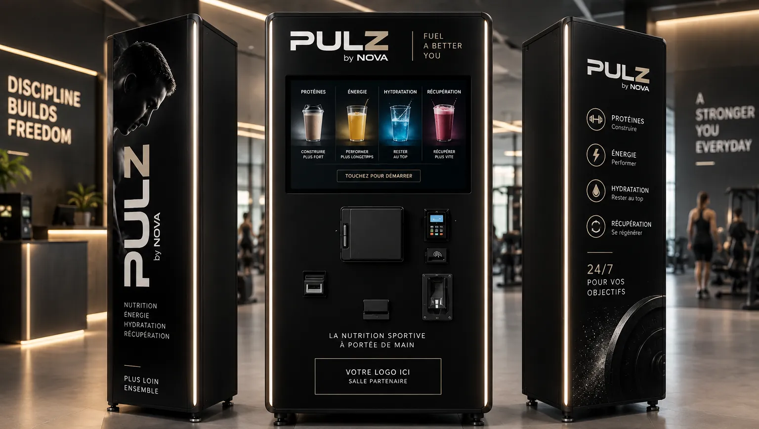Station PULZ en habillage noir et or dans une salle de sport haut de gamme.