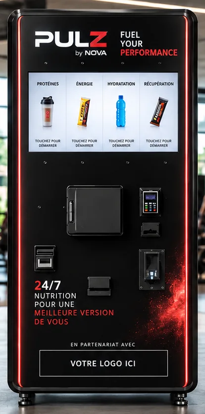 Façade de la station PULZ, habillage Performance, avec l’emplacement « Votre logo ici » réservé au club partenaire.