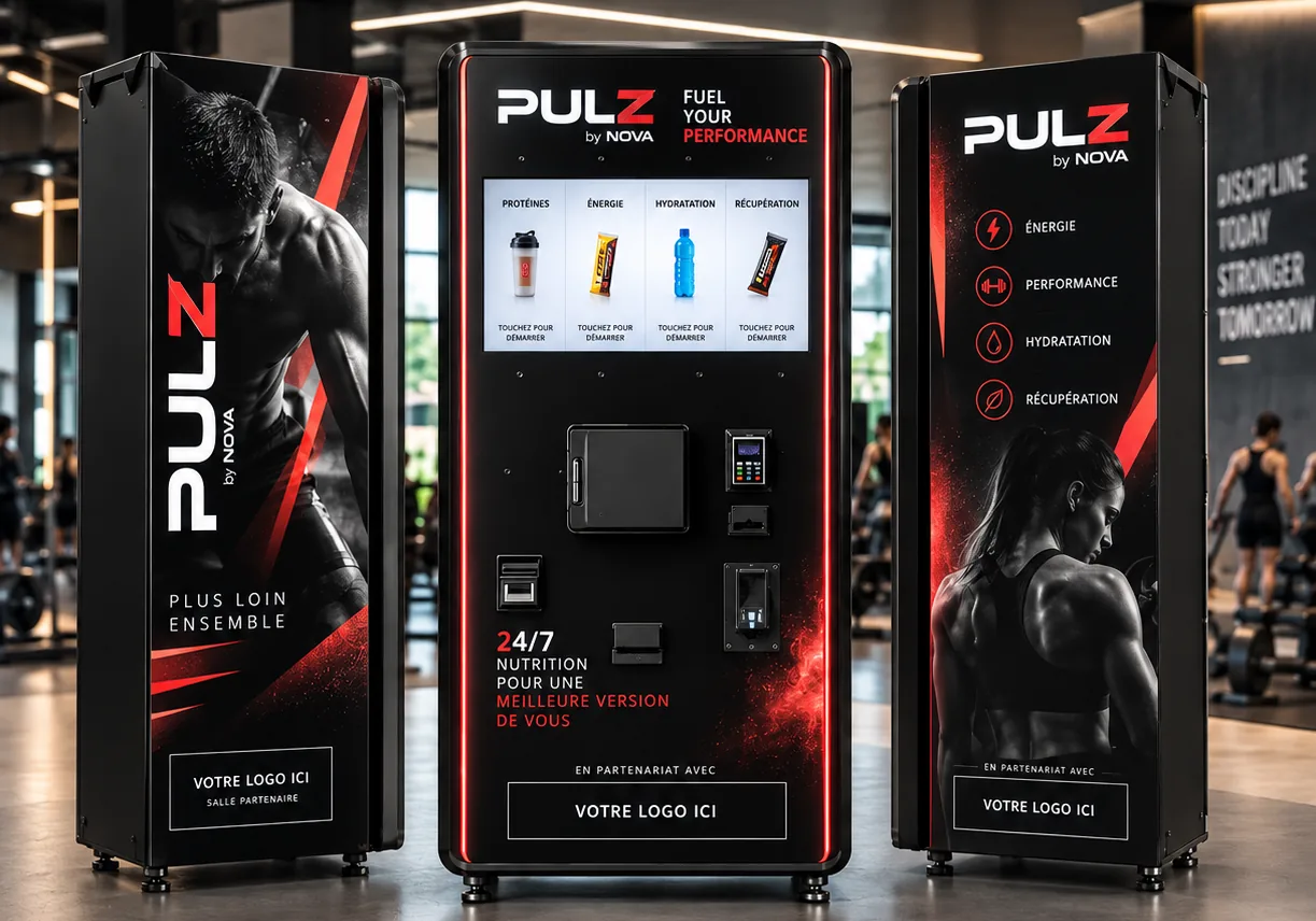 Station PULZ by NOVA, gamme Performance : façade avec écran, zone de paiement et de retrait, et ses deux côtés habillés aux couleurs de la marque, dans une salle de sport.