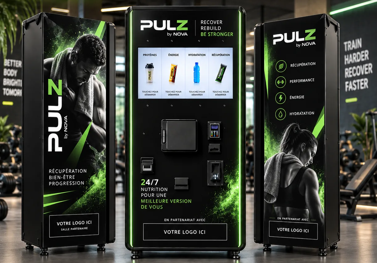 Station PULZ gamme Récupération, habillage noir et vert, présentée de face et de côté dans une salle de sport.